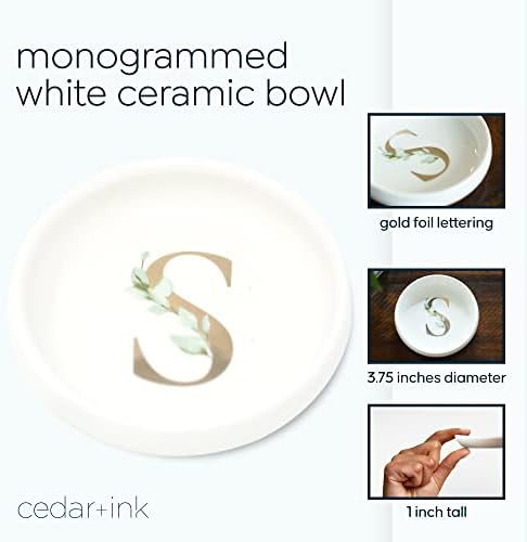 Trinket Tray Ring Dish with Personalized S in Gold Foil and Greenery - White Ring Dish - Monogrammed Trinket Dish or Jewelry Bowl - Cedar & Ink (S) - Image 2
