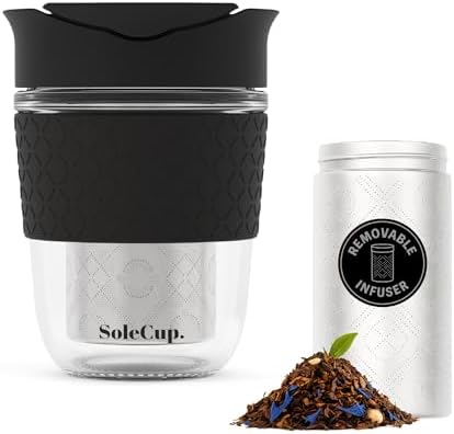 Travel Mug Loose Tea Infuser - Detachable Tea Strainer with Spillproof Lid - BPA-Free Reusable Glass Travel Coffee Cup with Silicone Band (Black, 12oz) by SoleCup