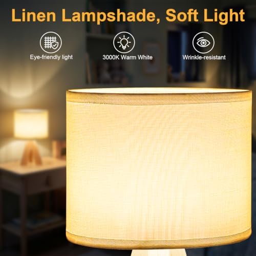 Tripod Table Lamp Small Bedside Lamp with White Fabric Shade, Mid Century Modern Nightstand Lamp for Bedroom Living Room Office Nursery, Wooden Legs(Cylindrical) - Image 2