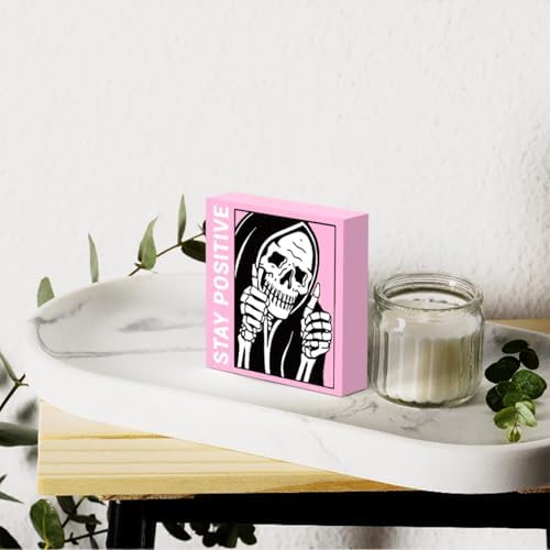 Cute Halloween Decor Indoor Skull Gothic Home Decor Goth Decor Halloween Skeletons Stay Positive Skulls Skeleton Man Sign for Home Office Desk Accessories Gifts 5 x 5 Inches (Pink) - Image 5