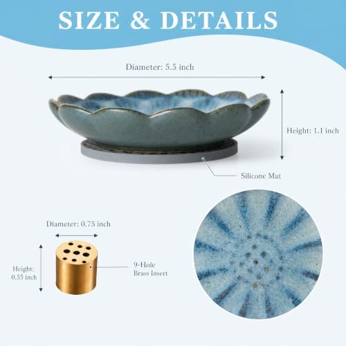 Pinehaven Ceramic Lotus Incense Holder – 5.5 Inch Hand-Sculpted Ash Catcher Tray Bowl with Brass 9-Hole Insert for Incense Sticks – Blue Japanese Zen Home Décor, Meditation Altar Gift - Image 2