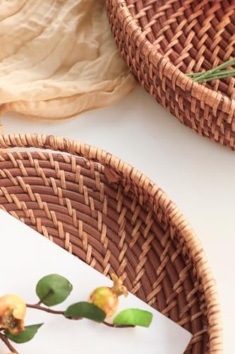 HITOMEN Hand-Woven Round Rattan Serving Tray Decorative Ottoman Wicker Platter with Handles for Coffee Table, Breakfast, Drinks, Snack, Bread, Fruit, Vegetables (Honey Brown Set of 2: M+L) - Image 3