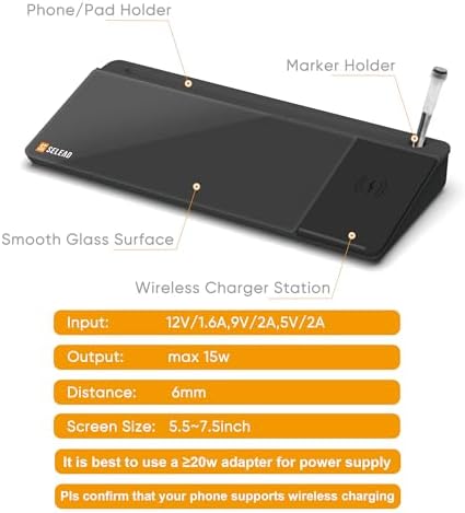 SELEAD Desktop Glass Whiteboard with Wireless Charger and Storage, Black - Image 5