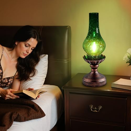 Vintage Table Lamp with Green Crackle Glass Shade,Touch Control & 3-Way Dimmable Rustic Retro Farmhouse Bedside Lamp for Bedroom, Living Room, Cabin, Office (2700K LED Candle Bulb Included) - Image 5