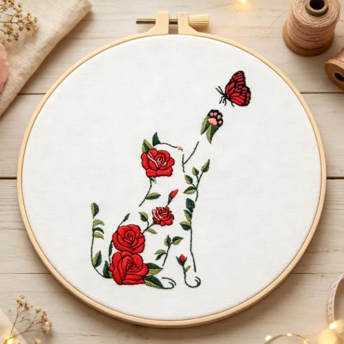 Flowers Cat Embroidery Kits for Beginners Adults, Cute Hand Embroidery Starters Kits, Floral Stamped Cross Stitch Kits Needlepoint Kits for Beginners Adults, Embroidery Hoop, Thread and Video Tutorial - Image 5