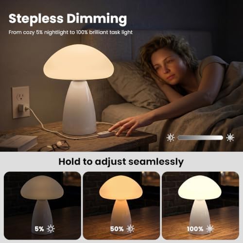 Mushroom Lamp, 3 Color Modes Stepless Dimmable Table Lamp, Retro Ceramic Base Bedside Lamp, Decorative Lamp for Bedroom, Nursery, Nightstand (White) - Image 3