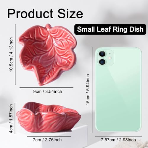 3.5' Red Cute Leaves Ceramic Jewelry Tray for Dressing Table - Image 2