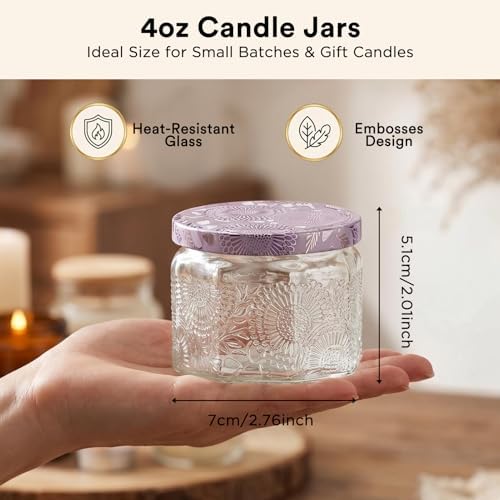 LumaCraft 12 Pack 4oz Glass Candle Jars with Lids, Hexagon Embossed Candle Making Containers, Empty Candle Jars with 20 Wicks & Labels for DIY Candle Making, Party Favors, Home Decor - Image 6