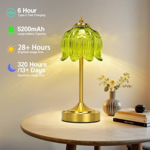Cordless Table Lamp, Rechargeable Green Glass Lotus Flower Lamp - Image 4