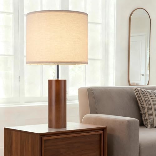 lapupu 23.5" Wood Table Lamps Set of 2 for Living Room, Vintage Farmhouse Bedside Lamps for Bedroom, Large Round Desk Lamps for End Table Nightstand, Walnut Wood - Image 3