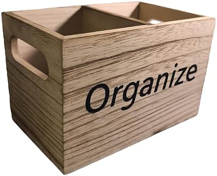 Dlounery Small Wooden Organizer Box (6.3in) for Desk and Kitchen Countertop, Double-grid Desktop Organizer with "Organize" Print, Wood Grain Small Storage box for Utensils, Office Supplies by Unknown