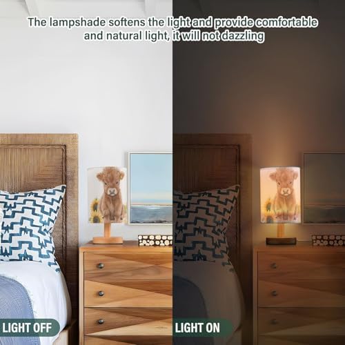 Cute Watercolor Highland Cow Sunflower Bedside Table Lamps with USB Port for Bedroom LampSmall Nightstand Lamp Sturdy Linen Shade Wooden Base Decorative Lamps for Nursery Kids Reading Dorm Home - Image 3