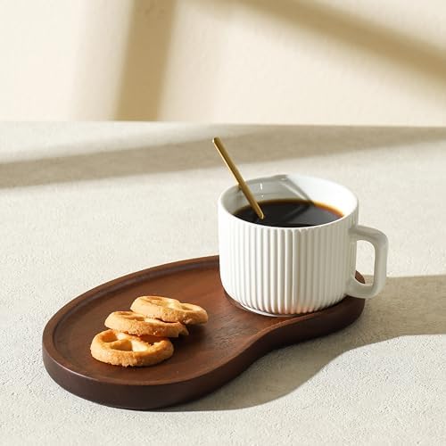 Pretty Ceramic Coffee Cup with Solid Wood Plate Set for Tea/Coffee Break, 8OZ White Cappuccino Cup with 9.4inch Acacia Serving Saucer and Spoon for Latte Dessert Breakfast by AYUCIAPremiumCeramic
