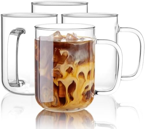 Glass Coffee Mugs, 24 oz Ice coffee cups, Large Clear Tea Cups Set of 4, Glass Mugs with Handles, Glass Cups for Latte, Cappuccino, and Tea by BWODYAY