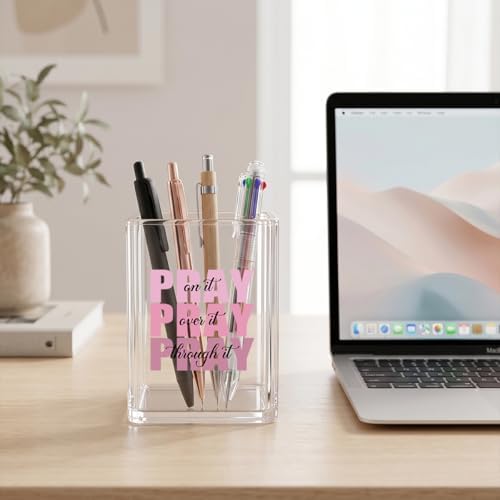 Inspirational Pen Holder - Pray on it, Pray over it, Pray through it Acrylic Desk Organizer, Christian Gifts for Women, Religious Office Decor, Makeup Brush Cup, Prayer Room Accessory, Clear - Image 4