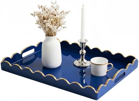 Gesodant Scalloped Glossy Plastic Lacquer Decorative Tray, 15.7 x 11.8 Inch Rectangle Serving Tray with Handles for Coffee Table, Ottoman, Bedroom Vanity, Living Room Centerpiece (Royal Blue & Gold) by Gesodant+
