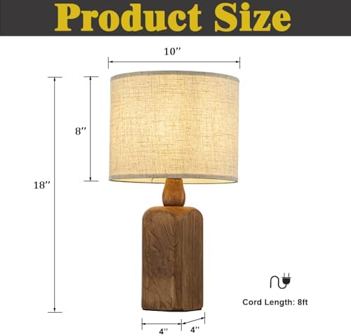 18in Farmhouse Traditional Natural Brown Solid Wood Base Table Lamp with Beige Fabric Shade for Bedroom Living Room - Image 3