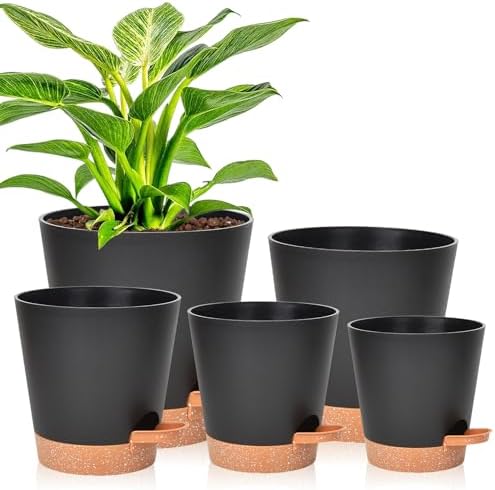 Vanslogreen Planters for Indoor Plants 7/6.5/6/5.5/5 Inch, Self Watering Flower Pots with Drainage Holes and Saucers 5 Pack Plastic Pots for Plants, Succulents, Herbs, Cactus, Flower, Black by Vanslogreen