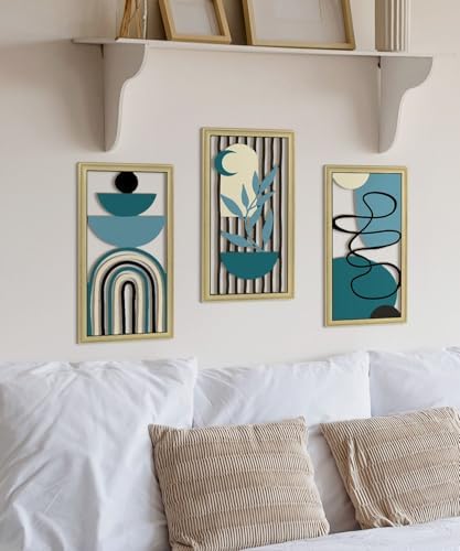Putuo Decor Boho Wall Art Set of 3 Modern Minimalist Wooden Wall Decor Abstract Geometric Room Decorations Mid Century Artwork for Living Room Bedroom Office in Blue Tones 16.5 x 8.6 Inch - Image 6