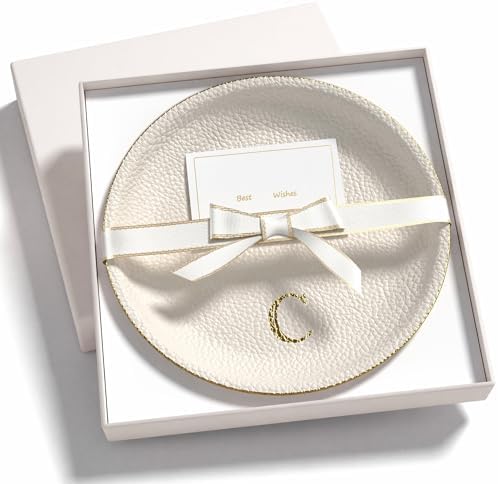 Initial Jewelry Dish for Women, Shatterproof Vegan Leather Ring Holder with Stainless Steel Core, Personalized Monogram Trinket Tray, Birthday Bridesmaid Gift with Box (Cream Letter C) by AUTYANL