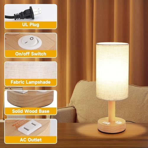 Small Bedside Table Lamp with AC Outlet,Natural Round Wood Base&Fabric Linen Shade,Cozy Night Table Light for Study Reading,Minimalist Boho Desk Lamp for Nightstand,Living Room,Nursery,Kitchen,Dorm - Image 6