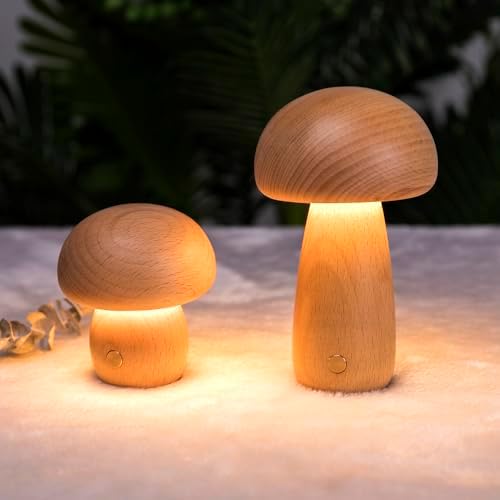 Cordless Wood Mushroom,Rechargeable Bedside Table Lamp Set, 2Pack by AVAMERY