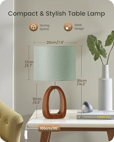 Green Table Lamp, 14.2" Small Bedside Lamp with Green Linen Lampshade & Dark Wood Base, Modern Nightstand Lamp for Bedroom, Kids Room, Living Room, Corner, E26 Socket, LJ07TL05 - Image 3