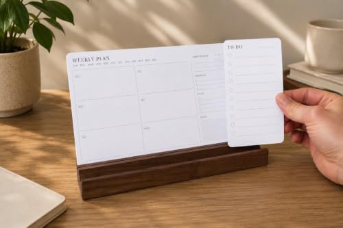 Minimalist Weekly Planner Desk Set – Solid Black Walnut Stand with Pen Tray, Double-Sided Planner & To-Do Cards (Walnut Stand and Planner Cards) - Image 4
