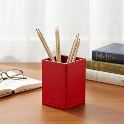 UnionBasic Square Pen Holder, Leather Pencil Cup, Desktop Caddy Stationery Organizer, Red - Image 4