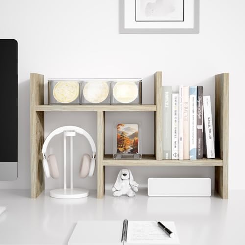 Jerry & Maggie Desktop Organizer Office Storage Rack Adjustable Wood Display Shelf Free Style Double H, Multi-Functional Mini Bookshelf for Desk Natural Stand (Gray Oak) - Image 6
