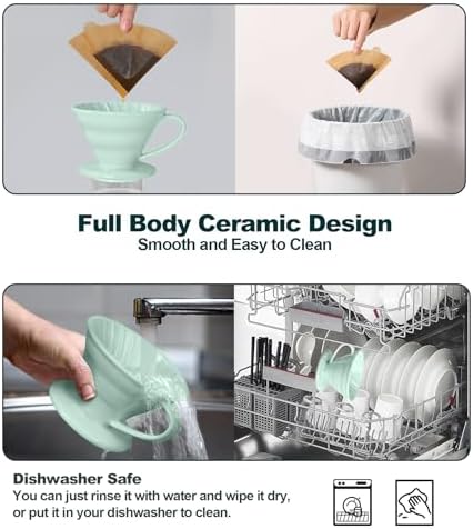 Pour Over Coffee Dripper - Ceramic Cup, Pour Over Coffee Maker Cone, Porcelain Cone, Easy Manual Brew Maker - Strong Flavor Brewer for Home, Cafe, Office - 1-4Cup, V60 Size 02 (Lake Green) - Image 4