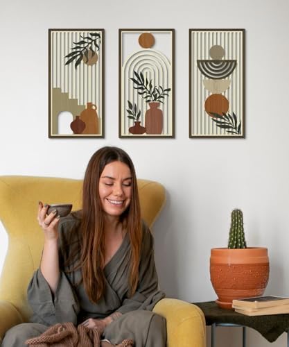 Putuo Decor Boho Wall Art Set of 3, Abstract Geometric Wooden Wall Decor, Mid-Century Modern Aesthetic Artwork with Arch, Vase & Botanical Design for Living Room, Bedroom, Office, 16.5 x 8.6 Inch - Image 4