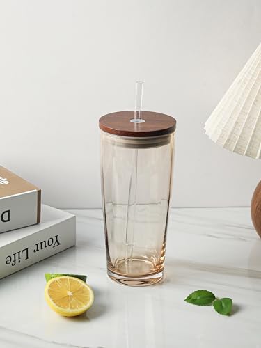 NIRA.Z Glass Tumbler with Lid and Straw 20oz, Ribbed Aesthetic Iced Coffee Glass Cup, Amber Drinking Glass with Wooden Lid, Reusable Straw Cup - Image 2