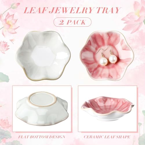 Meekoo 2 Pcs Lotus Leaf Ceramic Trinket Dish Ring Holder Pink and White - Image 3