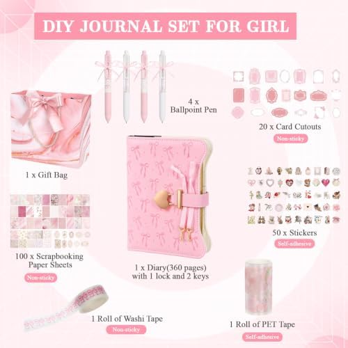 Janlaugh DIY Journal Diary with Lock Pack Scrapbook Kit, Pink, Bow - Image 2