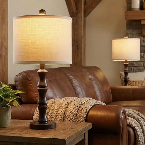 BOBOMOMO 20.5" Classic Table Lamps Set of 2, Farmhouse Nightstand Lamps with Dark Wood Grain Resin Base & Linen Shade, Small Bedside Lamps for Bedroom, Living Room, Home Office & Cozy Apartment Décor - Image 6