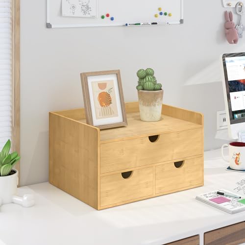 Bamboo Desk Drawer Organizer, Large Desktop Organizer with Drawers Tabletop Storage Organization Box for Office Home Toiletries Supplies Vanity, No Assembly Required (3 Drawer with Shelf) - Image 4