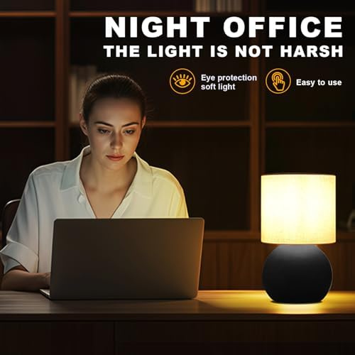 Modern Black Small Table Lamp with Cotton Linen Shade, 6.2×6.2×10.4 inch LED Desk Light, One-Button Switch for Bedroom, Living Room, Nightstand, Includes Warm Light Bulb - Image 3
