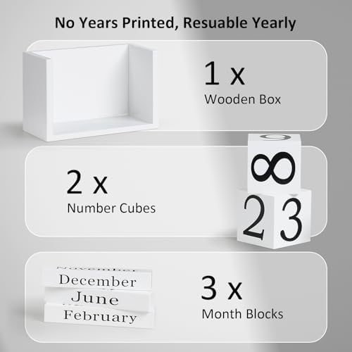 Wooden Block Calendar for Desk, Large Size Daily Desktop Perpetual Desk Calendar, Cute Date Display Desk Accessories for Home Office Decor, Teacher, Classroom, Reusable Yearly, White - Image 4
