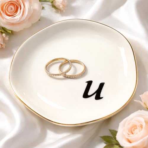 Initial Ring Dish - White Ceramic Jewelry Tray for Nightstand & Sink, Anti-Loss Trinket Organizer, Meaningful Engagement or Birthday Gift for Women, Sister, Friends (Letter U) by Unknown
