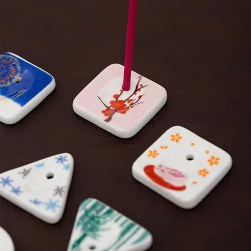 Set of 5, Mini Rabbit/Snowflake/Plum Blossom/Fireworks/Bamboo Triangle Japanese Ceramic Handmade Cute Incense Stick Holder, Unique Ash Catcher Inscent Tray and Decorative Gift, Home Decor 1.49 inch by Oavand