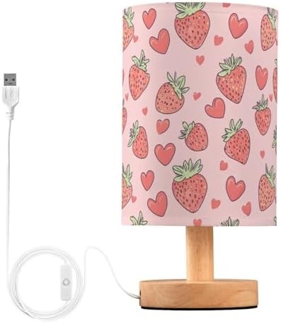 Cute Cartoon Strawberries and Hearts Doodle Bedside Table Lamps with USB Port for Bedroom Lamp Table Lamp Small Nightstand Lamp Sturdy Linen Shade Decorative Lamps for Home Room Kids Reading Nursery by Fustylead