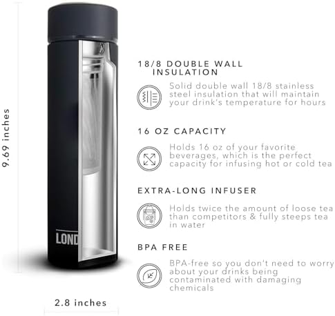 the London Sip Multi-Purpose Travel Mug and Tumbler Fruit Infused Flask Hot and Cold Double Wall Stainless Steel Thermos with Extra-Long Infuser, Zen Black, Pack of 2 - Image 2
