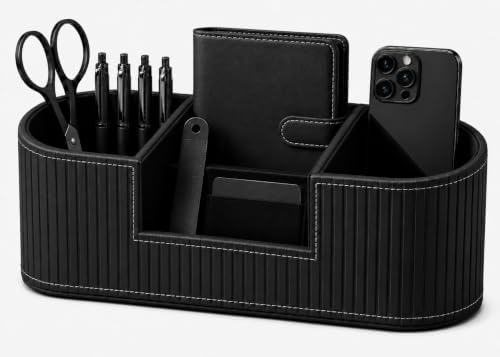 KINGFOM Modern Leather Desk Organizer for Men & Women, Aesthetic Office Desk Accessories Organizer, Faux Leather Vanity Organizer for Pens, Makeup Brushes, Remote Controls, Black Minimalist Desk Decor by KingfomLeatherHomeOfficeDecor