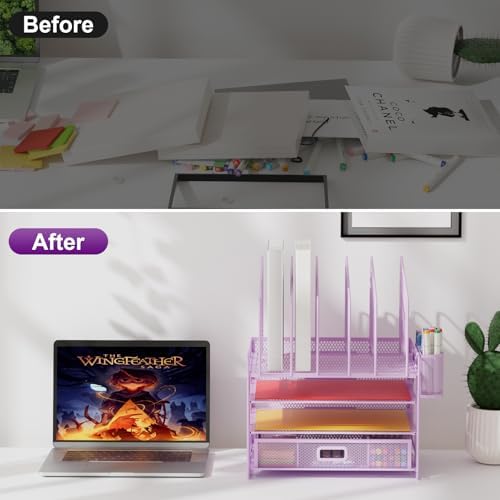 Marbrasse Desk Organizers, 4-Tier Mesh Desk File Organizer with 5 Vertical File Holders and 2 Pen Holders, Multifunction Desktop Organizer,Desk Organizers and Accessories for Home Office (Purple) - Image 6