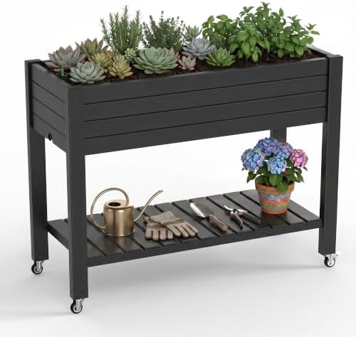 Elevated Resin Raised Garden Bed, 33.7in Height Raised Planter Box with Drainage Holes, Lockable Rotating Wheels & Bottom Storage Shelf, Stake Support, Easy Assembly for Patio Lawn Backyard Balcony by GYMHILL