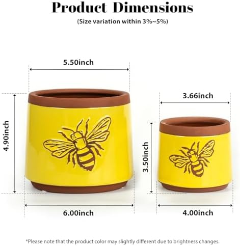 YBX Terracotta Pots Inch with Drainage Holes, Bee Decor, Ceramic Pots for Indoor Plants Flower Pots Outdoor, Succulent, Herbs, Snake Plants (Yellow, 6+4 Inch) - Image 2
