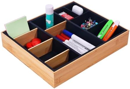 Office Drawer Organizer, Bamboo Desk Drawer Organizer with 4 Removable Dividers, Desk Organizers and Accessories with 10 Adjustable Compartments for Office Home (Gray) by Hitseon