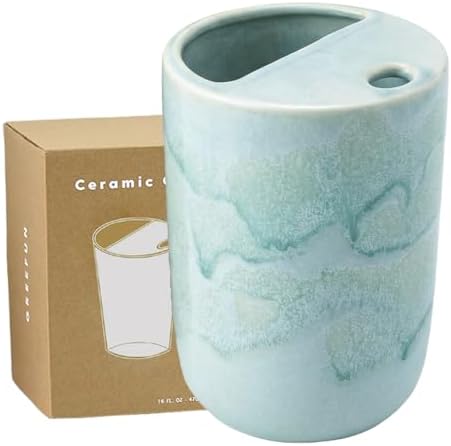 Handmade Ceramic Coffee Mug with Half Lid, 17oz Unique Tea Coffee Cup with Sip-top Lid, Sea Foam by Greefun