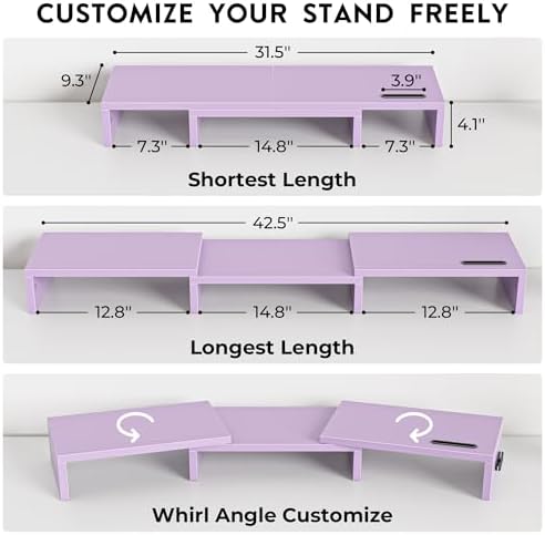 BONTEC Dual Monitor Stand Riser, Adjustable Length & Swivel Angle, Purple - Image 3
